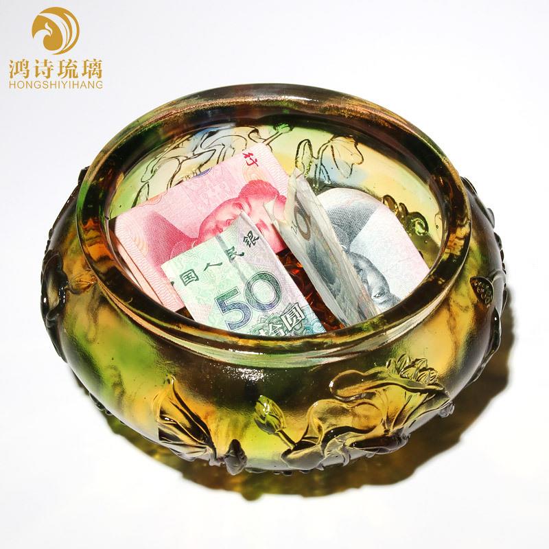 鸿诗琉璃荷花聚宝盆摆件创意存钱罐成人个性店铺桌面装饰五彩家居