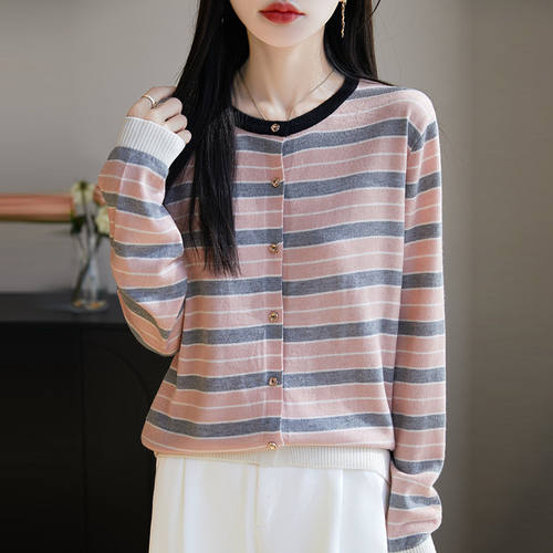 针织衫女圆领条纹开襟外