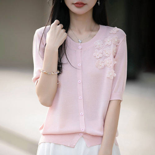 夏季短袖开衫女圆领花朵