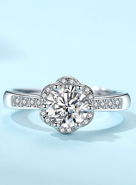 新款心花怒放莫桑石钻戒D色网红仿真钻戒指森系时尚女戒纯银婚戒