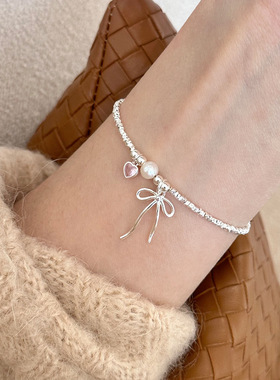 官方正品S925纯银甜美少女心粉色爱心蝴蝶结珍珠碎银子手链女气质