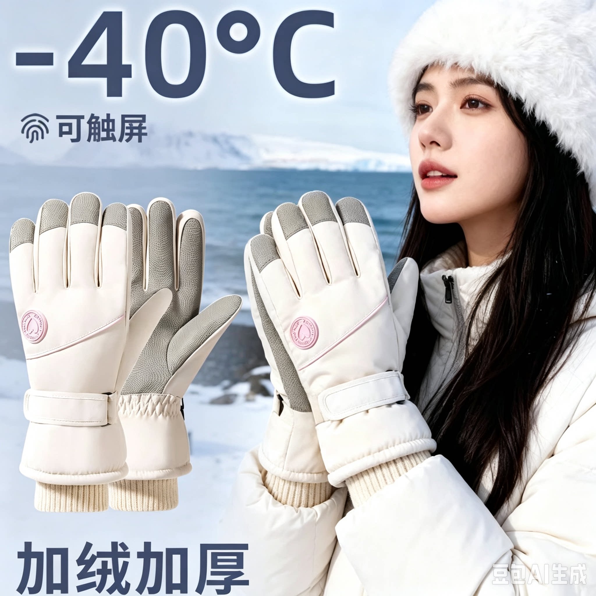 滑雪手套女冬加厚保暖加绒东北电动车防寒防风可触屏防水骑行手套