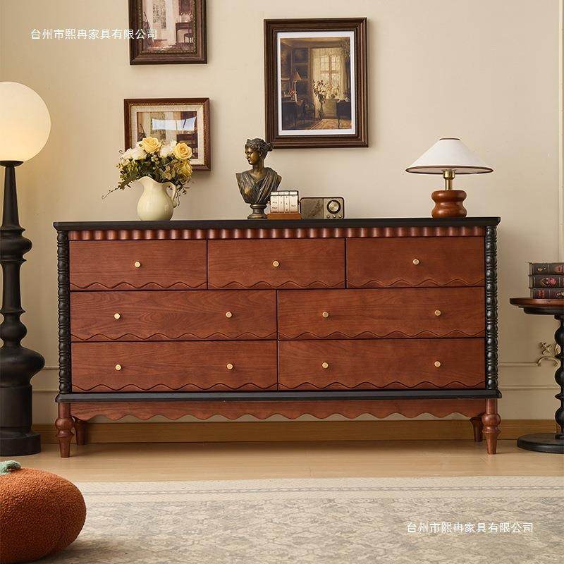 法式中古复古实木五斗柜中古客厅斗柜玄关柜小户型卧室床头床尾柜