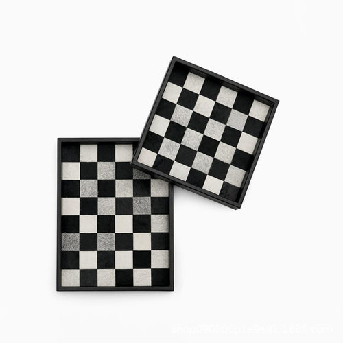 新中式黑白棋盘格皮革香薰托盘