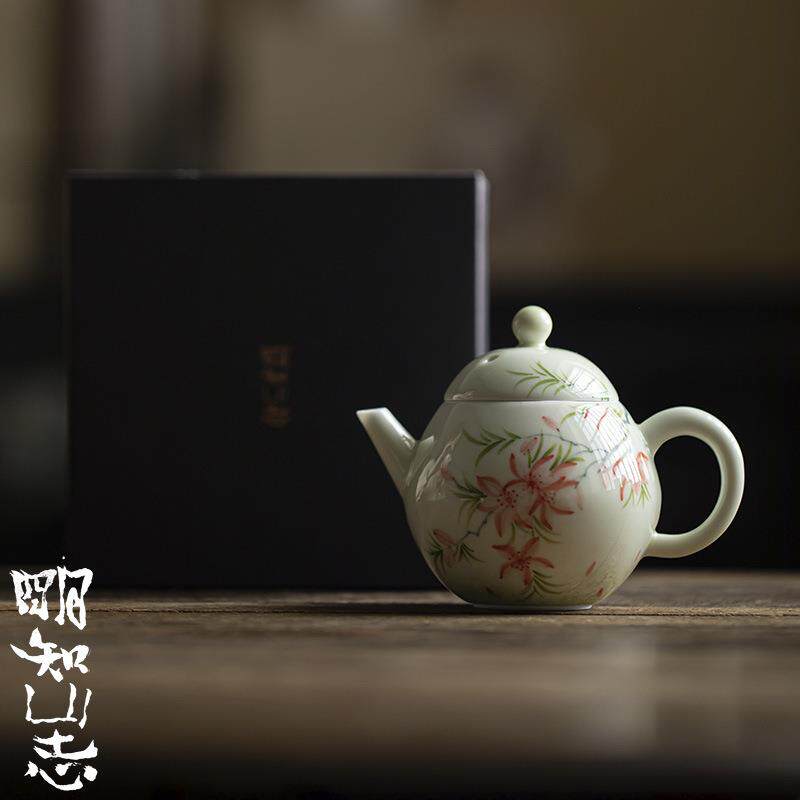 明知山志果青釉手绘凌霄花陶瓷茶壶家用茶具泡茶手执壶文人壶