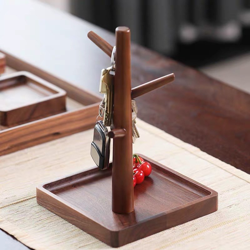 实木钥匙收纳架玄关客厅门口摆件创意黑胡桃木桌面置物架手表挂架
