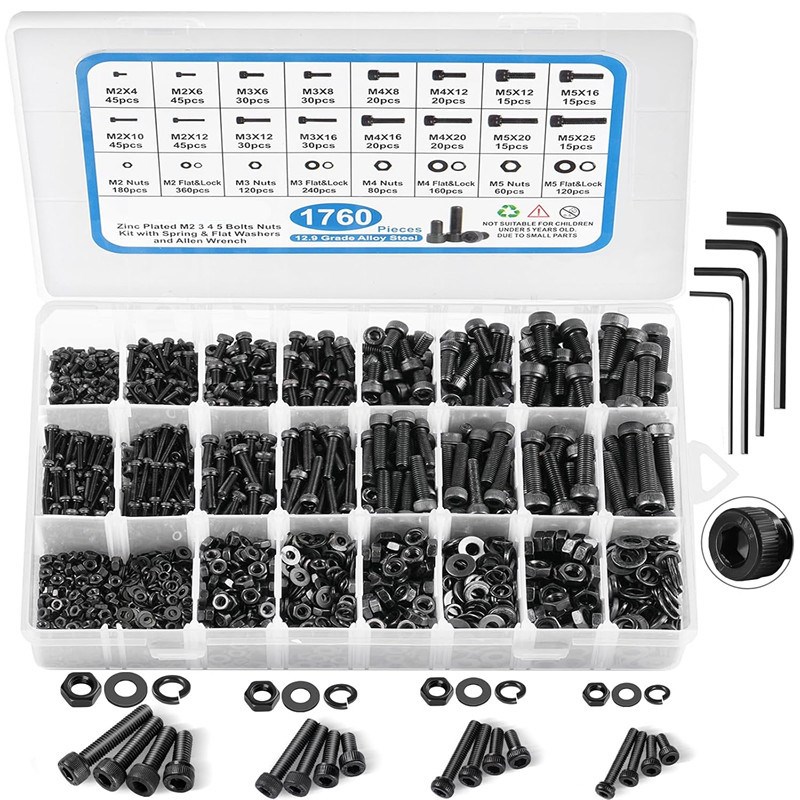 1760pcs M2 M3 M4 M5 12.9级碳钢黑色柱杯螺丝螺母垫片盒装