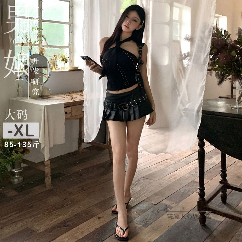 带胸垫吊带背心女伪娘大码铆钉珠小众洋气女装大佬高级挂脖式上衣