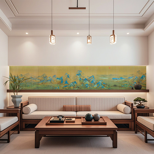 千里江山图墙纸酒店新中式古典餐厅壁纸客厅沙发电视背景墙布长条