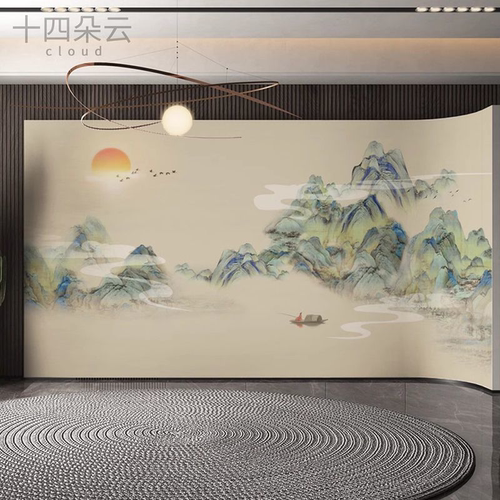 新款千里江山图壁纸轻奢新中式山水壁布电视背景墙纸客厅沙发墙布
