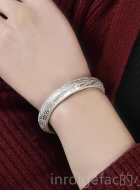 新款定制族风手古老式熟真银9法99足银纯银手镯闭口环可刻民字扁