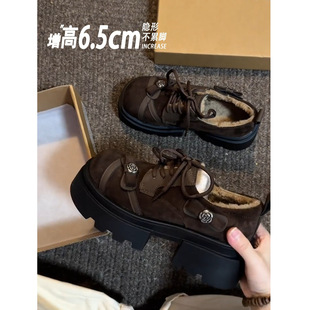 女2025冬新款 复古山茶花系带加绒小皮鞋 百搭厚底棉鞋 怪美主义