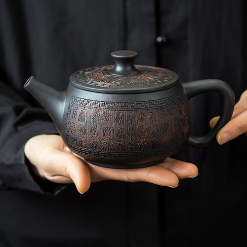 建水紫陶大口汉瓦凤鸣壶手工雕刻百福大容量高档家用送礼泡茶壶