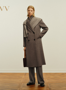 OVV秋冬女装复古平驳领双排扣中长双面呢羊毛大衣GWDAJ44101A