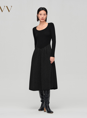 OVV秋冬女装金属丝点缀伞裙收腰长袖休闲针织连衣裙GQZZJ33102A
