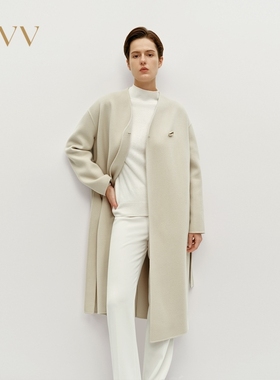 OVV秋冬女装简约舒适无领随附腰带羊毛双面呢大衣GWDAJ44115A