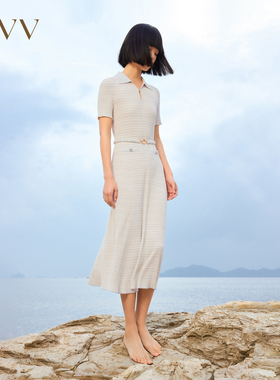 OVV春夏女装复古优雅翻领短袖休闲弹力针织连衣裙GQZZJ13013A