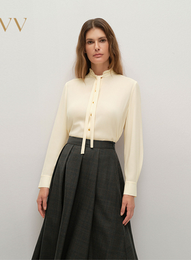 OVV2025秋冬新款立体木耳褶皱优雅飘带领长袖休闲衬衫GNEAJ35106A