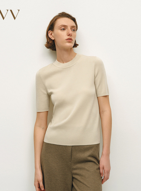 OVV秋冬女装真丝羊毛混纺基础圆领休闲短袖针织衫GNZBJ34111A