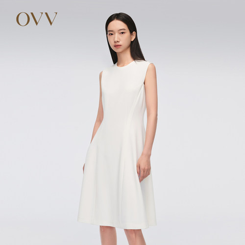 OVV春夏女装三醋酸面料经典A字无袖连衣裙小白裙GQLWJ24002A