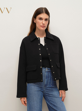 OVV2025秋冬新款经典保暖柔软翻领直筒羊毛短夹克外套GWJFJ35102A