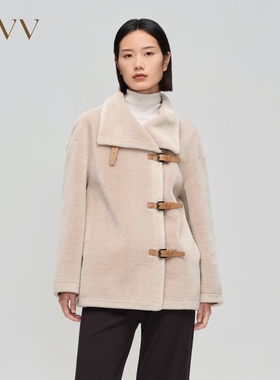OVV秋冬新款羊毛毛绒感大翻领皮袢装饰中款大衣GWDAJ43123A