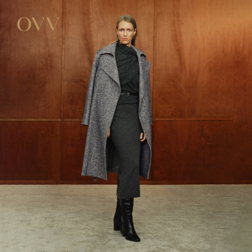OVV秋冬女翻领随附腰带老钱风休闲通勤羊毛大衣GWDAJ44104A