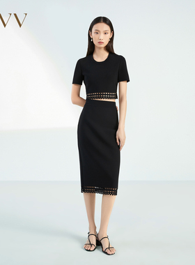 OVV春夏热卖女装挺括弹力镂空几何图案直筒针织半身裙GQAZJ13004A