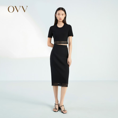 OVV春夏热卖女装挺括弹力镂空几何图案直筒针织半身裙GQAZJ13004A