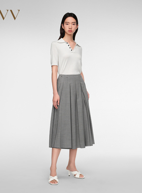 OVV春夏新款女装羊毛混纺铆钉装饰A字百褶半身裙GQDDJ14003A