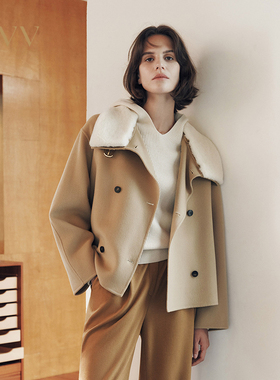 OVV2025秋冬新款复古双排扣高领拼接羊驼毛休闲短大衣GWDAJ45134A