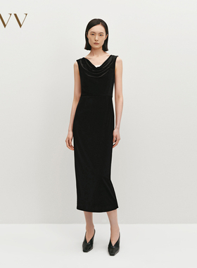 【极夜丝绒】OVV秋冬女进口面料荡领无袖连衣裙GQLDJ34102A