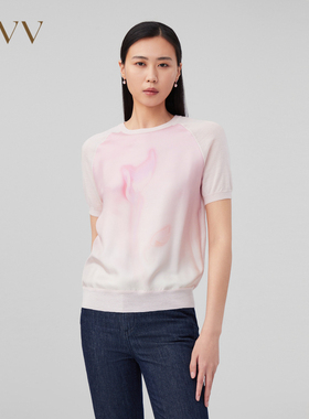 OVV秋冬新款植物印花真丝斜纹拼接短袖羊毛针织衫GNZBJ33107A