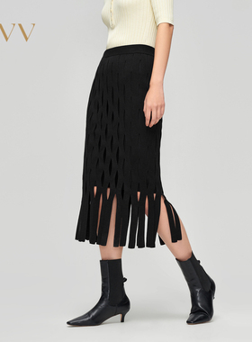 OVV秋冬新款装流苏设计感镂空绵羊毛针织中长直筒半裙GQAZJ33102A