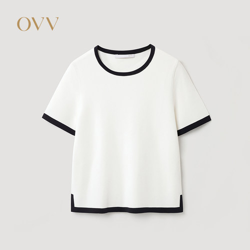 OVV2026秋冬新款女装经典黑白撞色圆领休闲短袖针织衫GNZBJ2A111A