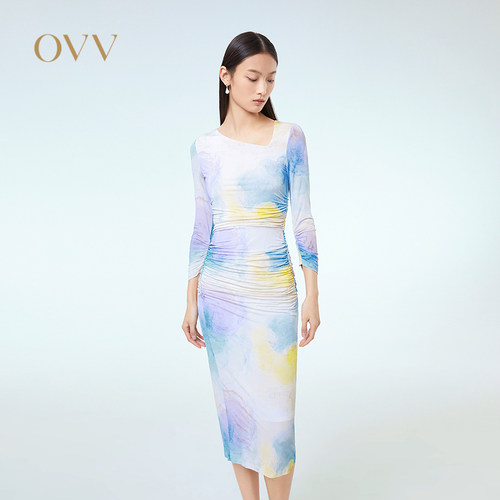 OVV春夏抽象渲染印花弹力针织抽褶不规则短袖连衣裙GQLBJ23005A
