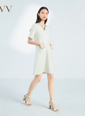 OVV春夏热卖女装撞色花纱镶边宽松V领羊毛短袖针织裙GQZZJ13016A