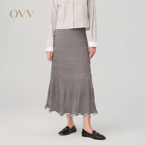 OVV竖条纹肌理自然卷边针织半裙