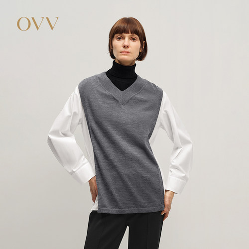 OVV秋冬热卖针梭镶拼柔软亲肤假两件长袖上衣GNSAJ35111A