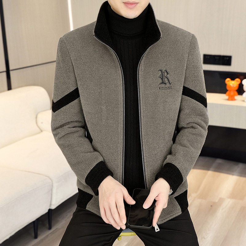 吉兴优选男士立领夹克冬季时尚毛呢加绒外套短款金貂绒保暖上衣