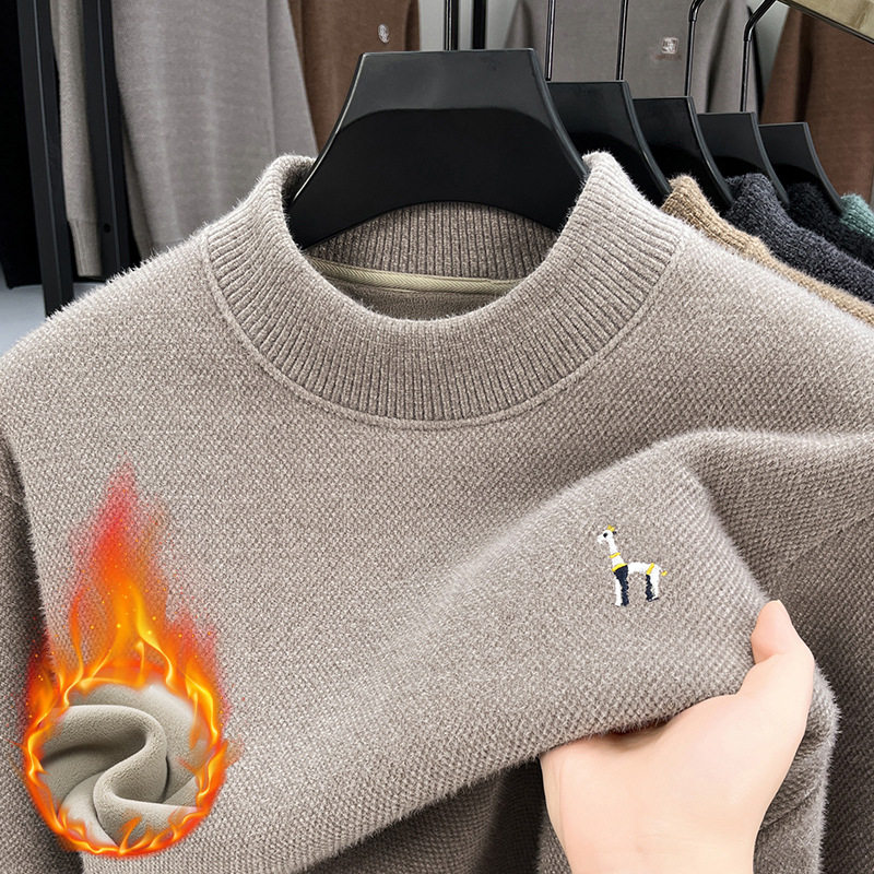 复丰金刺绣半高领男士毛衣冬季加绒加厚保暖针织衫中年宽松打底衫