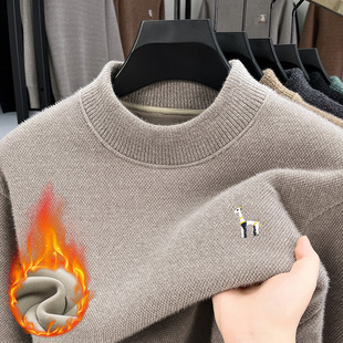 复丰金刺绣半高领男士毛衣冬季加绒加厚保暖针织衫中年宽松打底衫