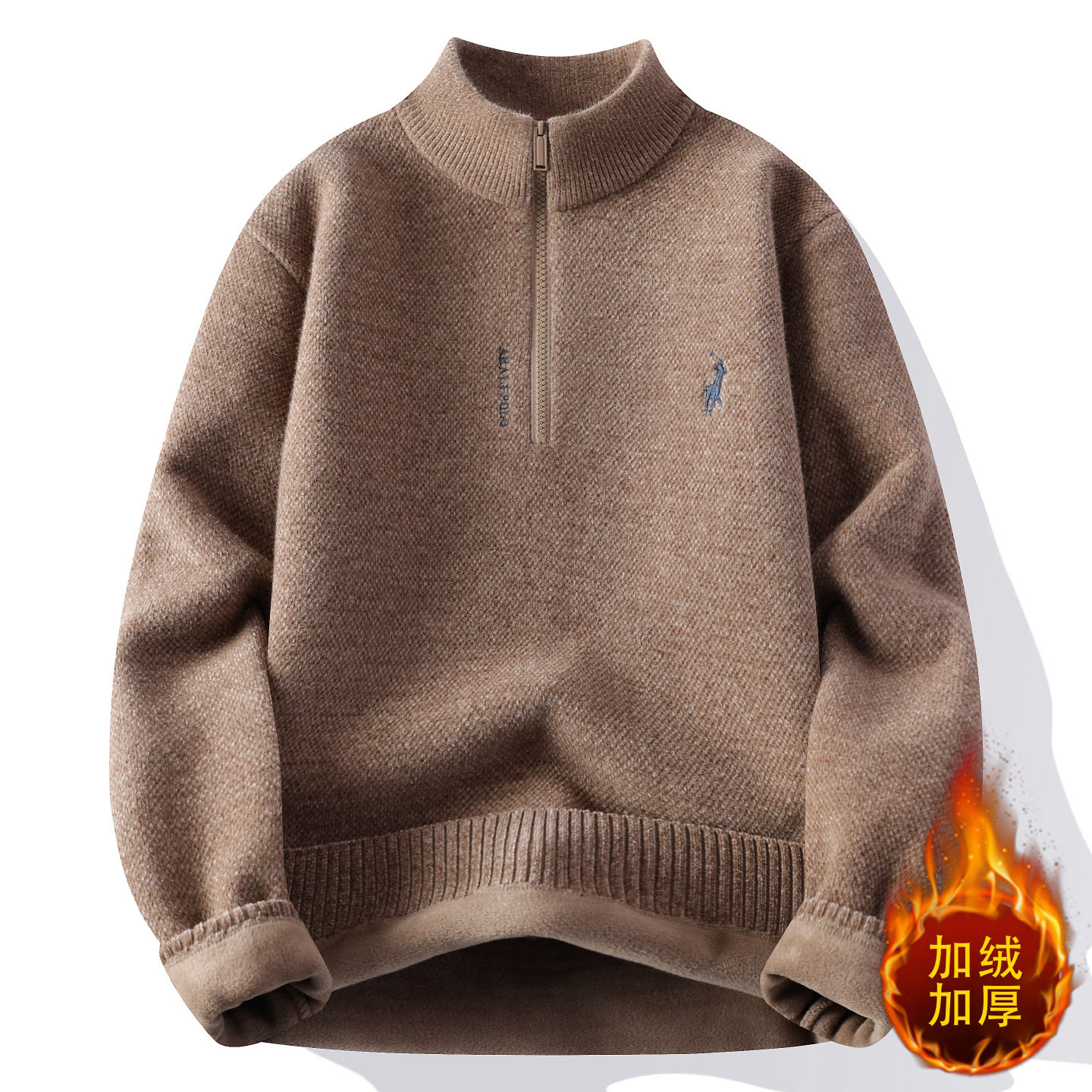 江月保罗半拉链立领毛衣男加绒加厚保暖针织衫青少年休闲潮牌上衣