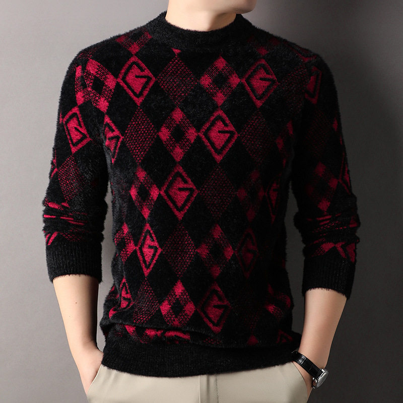 梦鲸好物男士半高领提花毛衣秋冬加厚保暖休闲针织衫抗寒打底衫潮