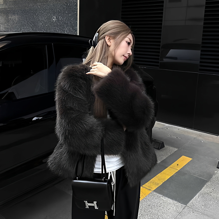 一年一会高级感摩卡灰棕环保仿狐狸毛皮草外套女皮毛一体毛毛上衣