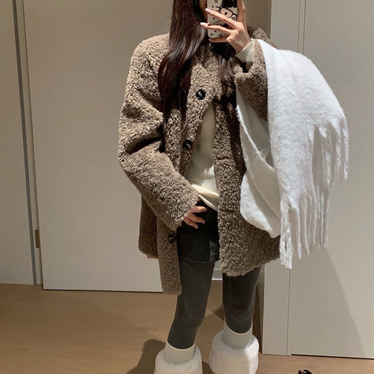 慵懒雪松廓形环保仿羊羔毛皮毛一体女秋冬加厚中长款毛毛外套