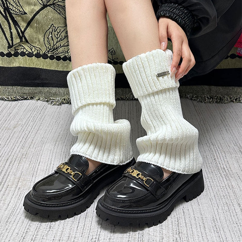 靴子袜加厚针织袜套翻边金属标堆堆袜y2k中筒堆堆袜白色jk小腿套