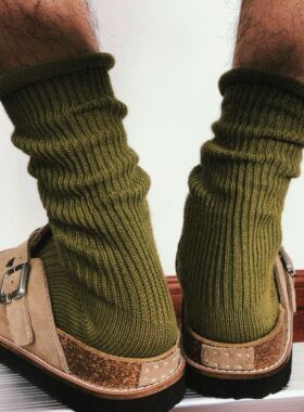 TREETALLIFE袜子卷边长筒袜高筒袜纯色袜简约春夏高密针织堆堆袜