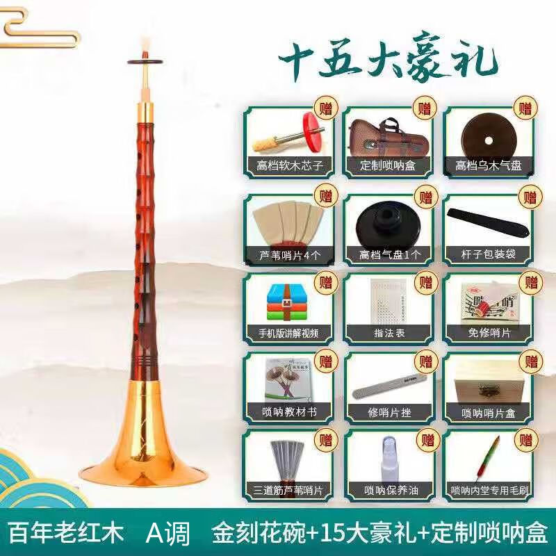 宏艺凤鸣专业百年老红木唢呐乐器全套D调唢呐民族成人大小号唢呐
