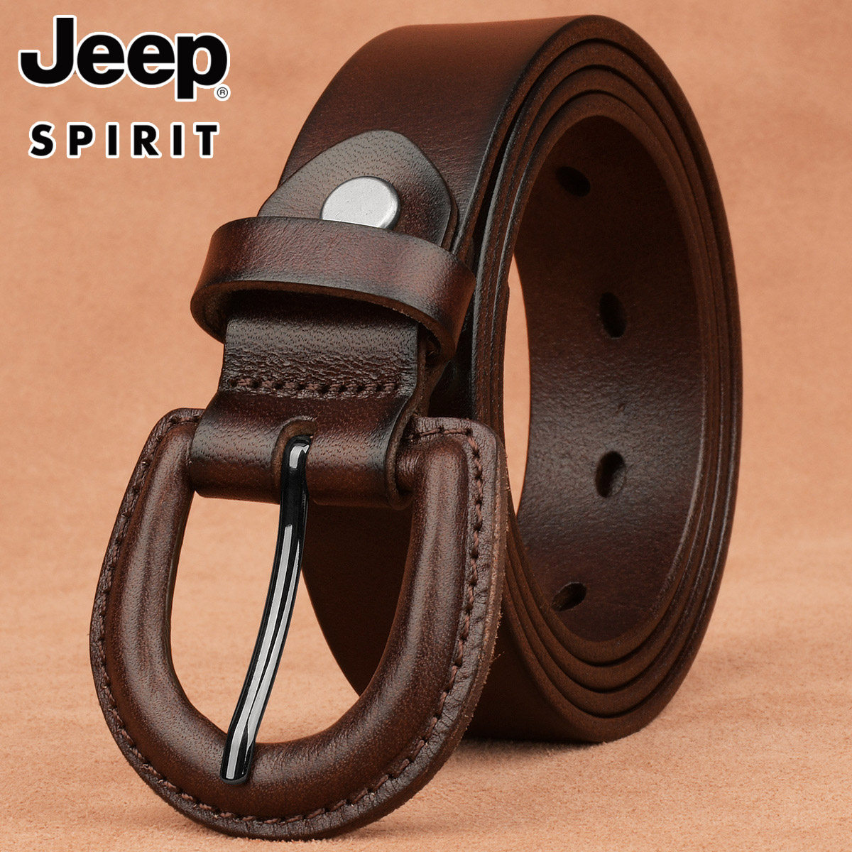 JEEP SPIRIT/吉普皮带真皮包裹防扣头金属接触过敏头层牛皮针扣休